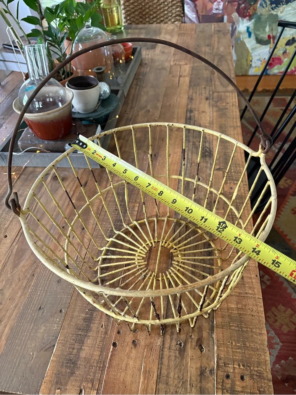 Vintage Distressed Yellow Wire Metal Egg Collection Gathering Handled Basket